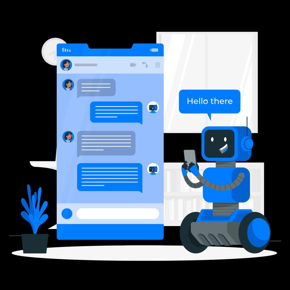Robot IA mensajeando con visitante web.