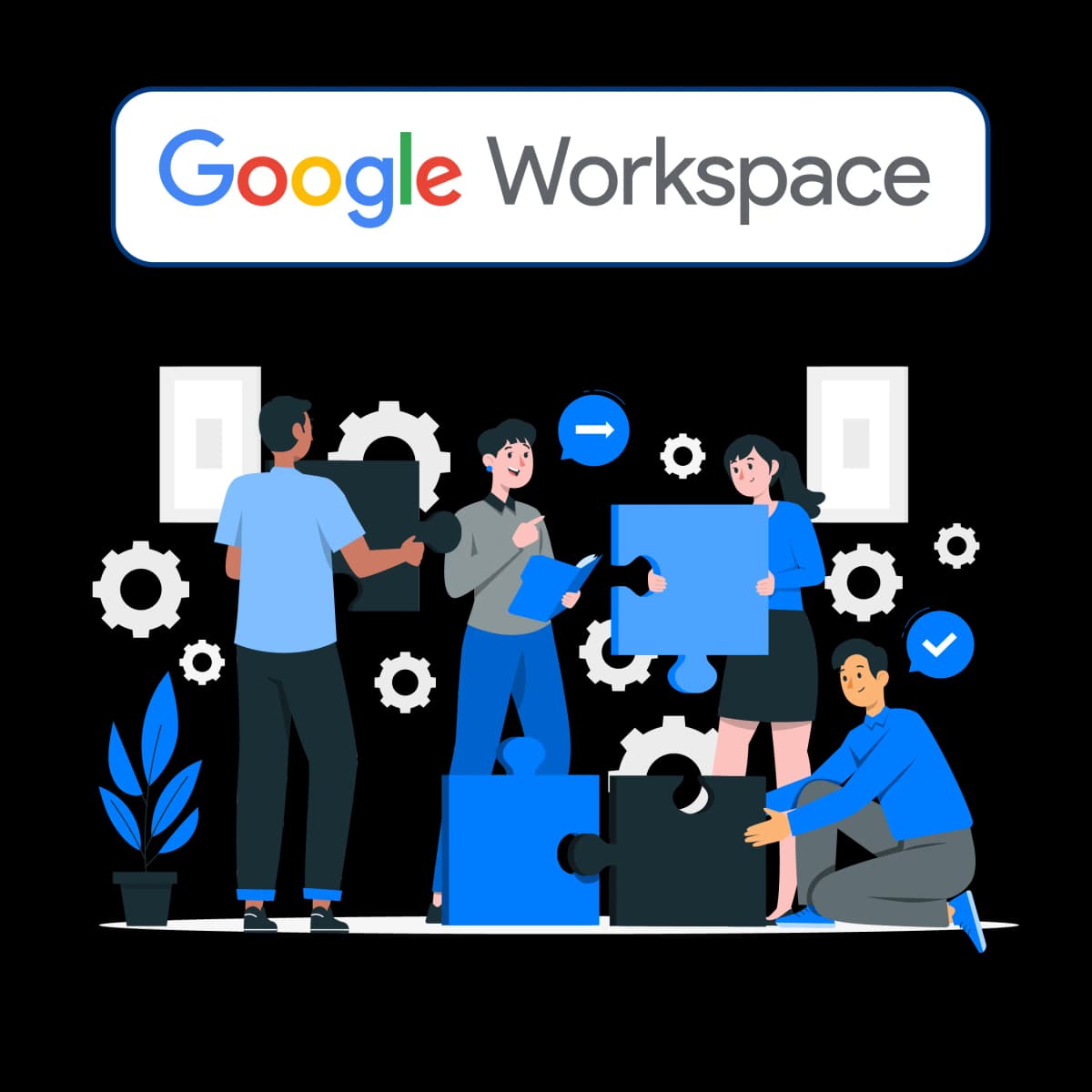 Logo de Google Workspace y un equipo armando rompecabezas.
